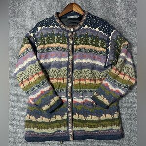 Vintage Icelandic Design Wool Cardigan Womens Med Sweater  Button Jacket Trees